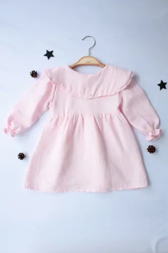 %100 Organic Comfortable Daily Gathered Plain and Stylish Double Layer Muslin 6-24 Months Baby Girl Dress-pink - 5