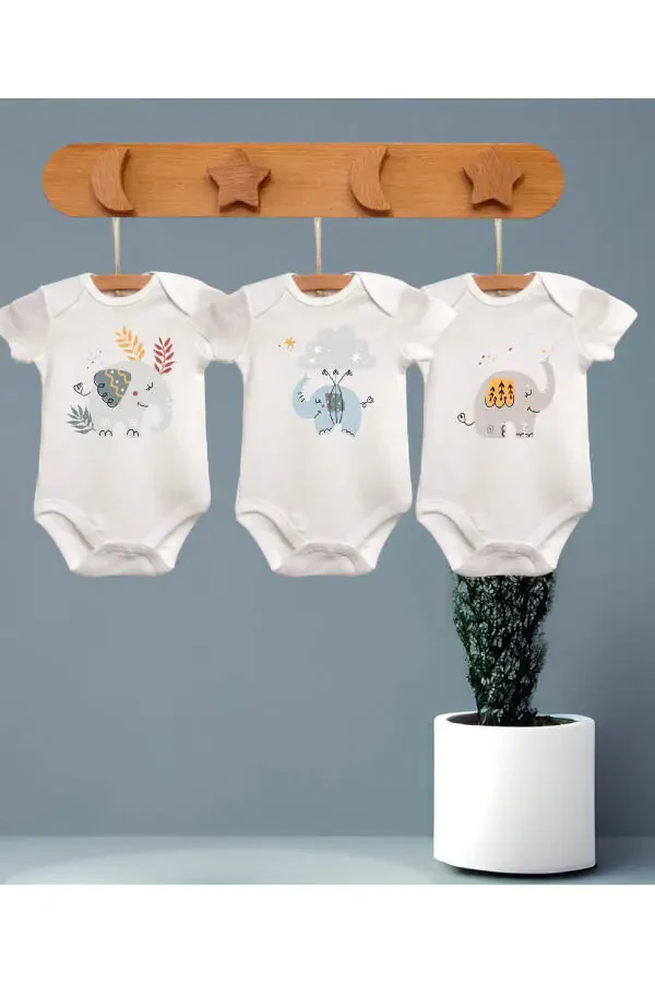 %100 Organic Cotton 3-Pack Printed Short Sleeve Baby Bodysuits - 1