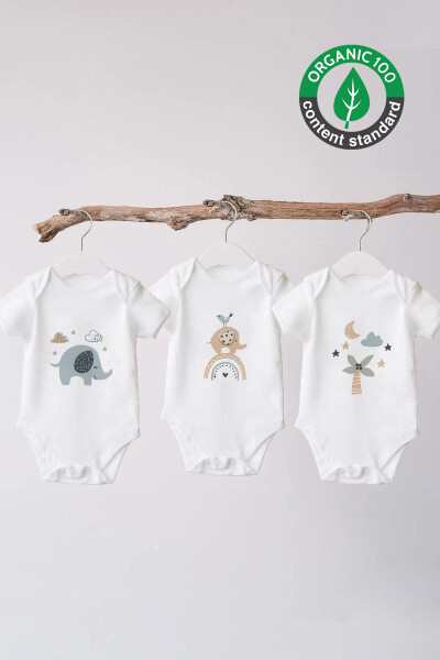 %100 Organic Cotton 3-Piece Printed Short Sleeve Baby Bodysuit Elephant - LILABIO