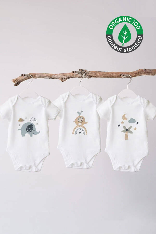 %100 Organic Cotton 3-Piece Printed Short Sleeve Baby Bodysuit Elephant - 1
