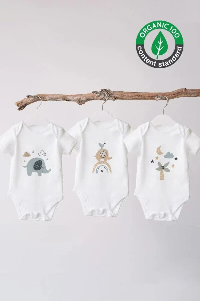 %100 Organic Cotton 3-Piece Printed Short Sleeve Baby Bodysuit Elephant - LILABIO