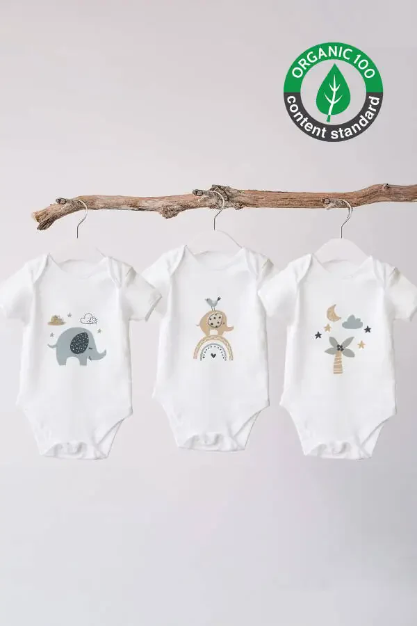 %100 Organic Cotton 3-Piece Printed Short Sleeve Baby Bodysuit Elephant - 1