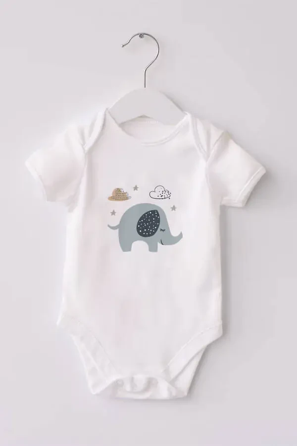 %100 Organic Cotton 3-Piece Printed Short Sleeve Baby Bodysuit Elephant - 3