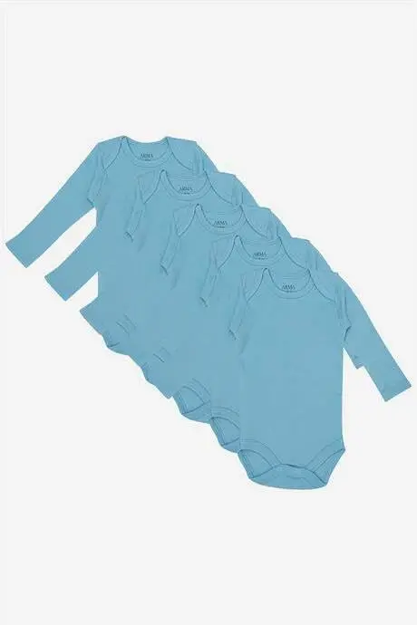 %100 Organic Cotton Blue Long Sleeve Baby Bodysuit 5-Pack - 1