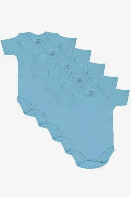 100% Organic Cotton Blue Short Sleeve Baby Bodysuit 5-Pack - BÜYÜKBEDENIZ
