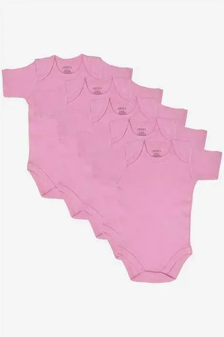 %100 Organic Cotton Pink Short Sleeve Baby Bodysuit 5-Pack - BÜYÜKBEDENIZ