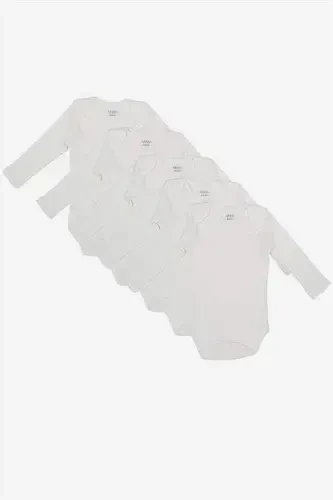 %100 Organic Cotton White Long Sleeve Baby Bodysuit 5-Pack - 1