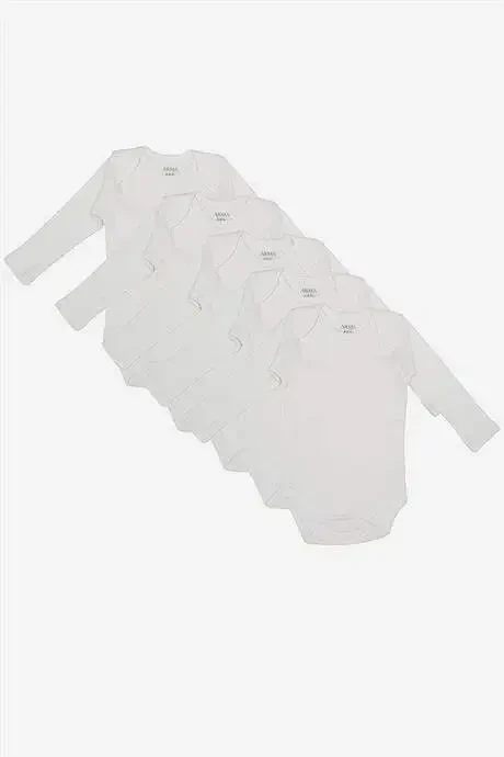 %100 Organic Cotton White Long Sleeve Baby Bodysuit 5-Pack - 1