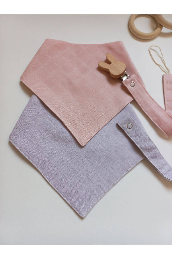 100% Organic Muslin Baby Bibs (with Snap) & Wooden Clip Pacifier Holder 4-piece Set - 1