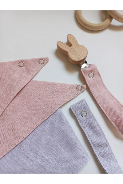 100% Organic Muslin Baby Bibs (with Snap) & Wooden Clip Pacifier Holder 4-piece Set - SBBABY (1)