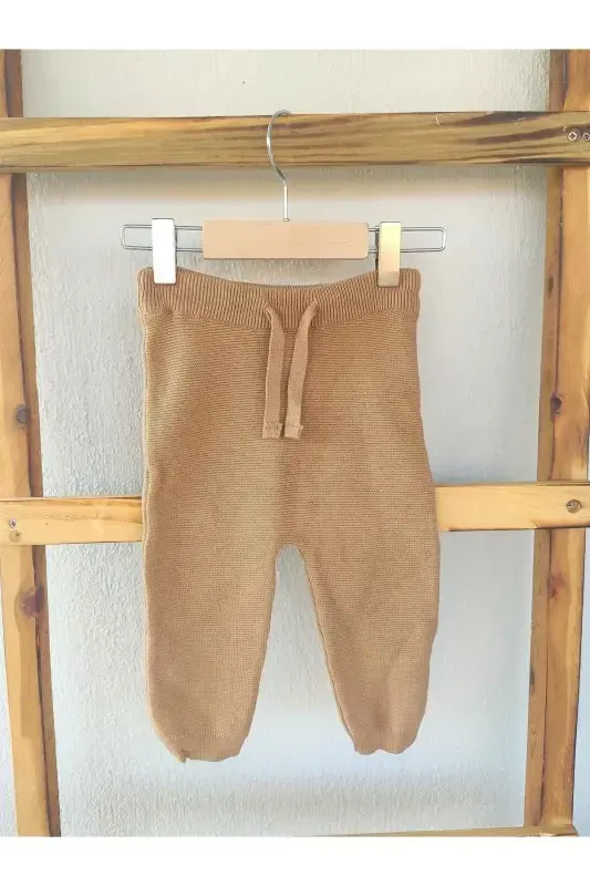 %100 Organik Pamuk Unisex Bebek Triko Pantolon Triko Eşofman Altı-Kahverengi - 2