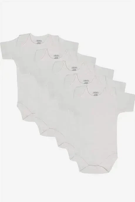 %100 Organik Pamuklu Beyaz Kısa Kollu Bebek Body 5'li Paket - 3