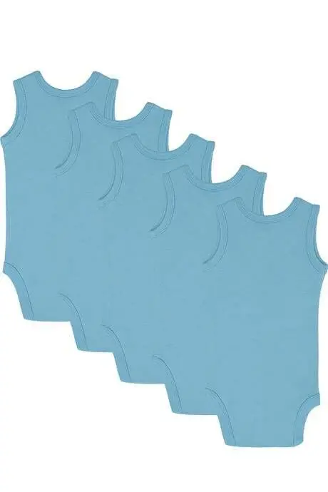 %100 Organik Pamuklu Mavi Bebek Atlet Çıtçıtlı Zıbın Body 5'li Paket - 2