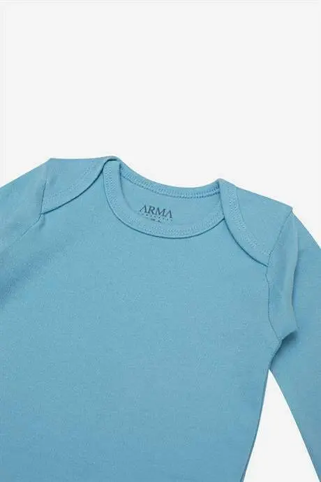 %100 Organik Pamuklu Mavi Uzun Kollu Bebek Body 5'li Paket - 3