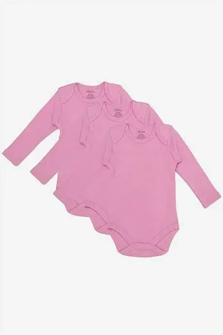 %100 Organik Paxta 3 tа Pembe Uzun Qо’lli Chaqaloq Chitmali Zıbın Body - 1
