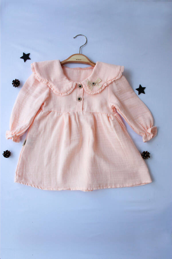 %100 Organik Rahat Günlük Büzgülü Sade Ve Şık Çift Kat Müslin 6-24 Ay Kız Çocuk Elbisesi-somon - 2