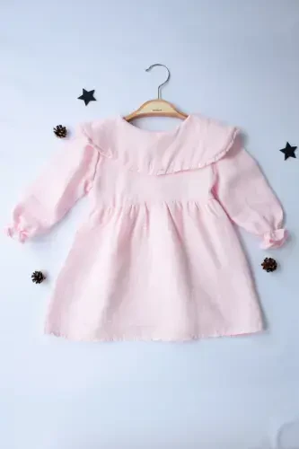 %100 Organik Rahat Günlük Büzgülü Sade Ve Şık Çift Kat Müslin 6-24 Ay Kız Çocuk Elbisesi-pembe - 3