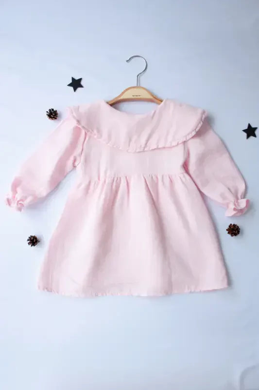 %100 Organik Rahat Günlük Büzgülü Sade Ve Şık Çift Kat Müslin 6-24 Ay Kız Çocuk Elbisesi-pembe - 3
