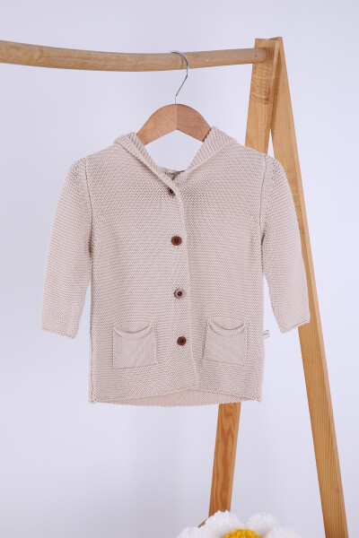 %100 Organik Triko Kız Erkek Bebek Çocuk Kapüşonlu Hırka 6000-Bej - 7