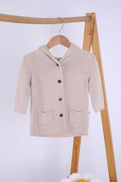 %100 Organik Triko Kız Erkek Bebek Çocuk Kapüşonlu Hırka 6000-Bej - BABYHOLA