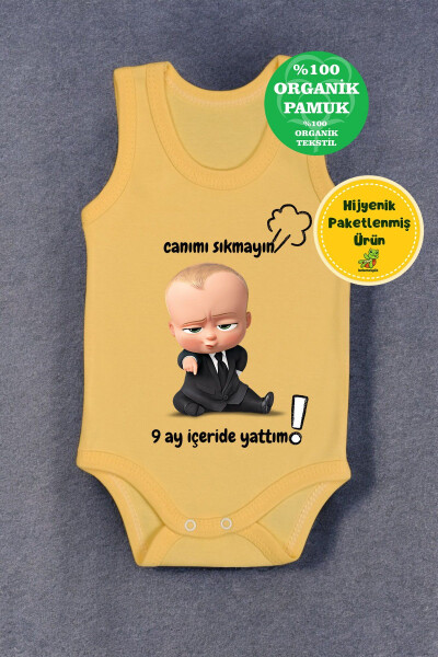 %100 Pamuk 9 Ay İçeride Yattım Baskılı Zıbın & Body - Sarı 