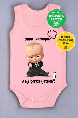 %100 Pamuk 9 Ay İçeride Yattım Baskılı Zıbın & Body - Pembe 