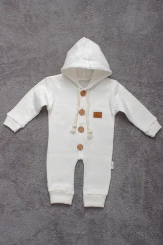 %100 Pamuk Ahşap Düğmeli Kapşonlu Fitilli Tarz Şapkalı Bebek Tulum-KREM - 1