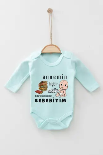 %100 Pamuk Annemin Okuyamadığı Kitap Baskılı Uzun Kollu Çıtçıtbadi Zıbın - MİNT - ADABEBEK (1)