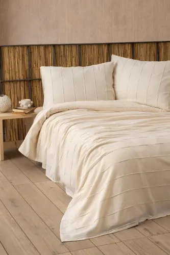%100 Pamuk Çift Kişilik Naturel Pike Seti - Seri 210x220 Cm- 2 Adet 50x70 Cm Yastık Kılıfı-Naturel - 1