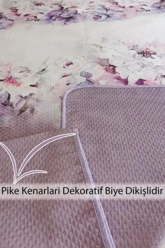 %100 Pamuk Çift Kişilik Pike Takımı Yatak Örtüsü Özel Dokuma Lila Çiçekleri-Lila - 3