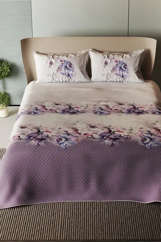 %100 Pamuk Çift Kişilik Pike Takımı Yatak Örtüsü Özel Dokuma Lila Çiçekleri-Lila - MONOHOME