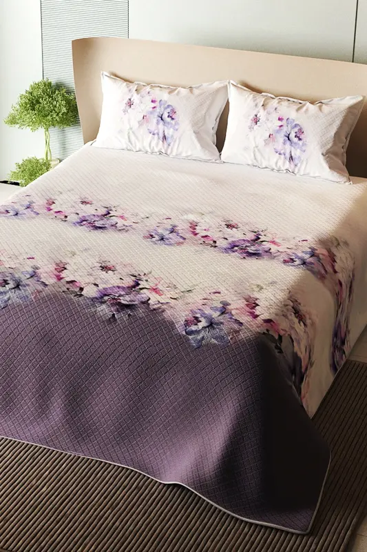 %100 Pamuk Çift Kişilik Pike Takımı Yatak Örtüsü Özel Dokuma Lila Çiçekleri-Lila - 2