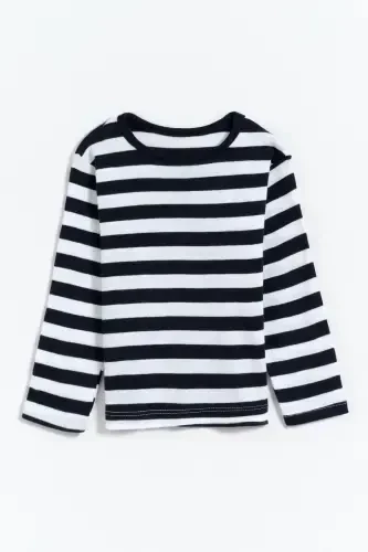 %100 Pamuk Çizgili Basic Erkek Çocuk Tişört - Lacivert - Beyaz-Lacivert - 1