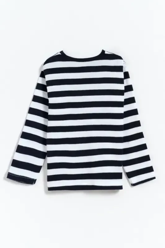 %100 Pamuk Çizgili Basic Erkek Çocuk Tişört - Lacivert - Beyaz-Lacivert - 3
