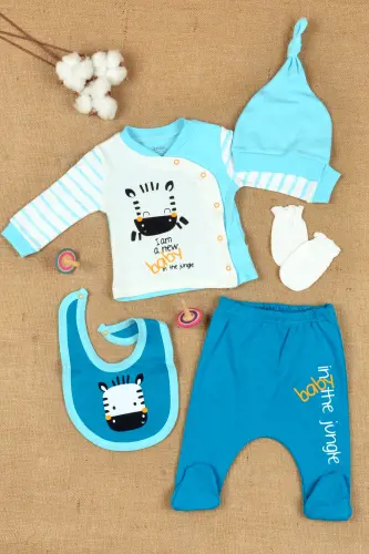 %100 Pamuk, Çizgisel Zebra Temalı, Yandan Çıtçıtlı 5 Parça Hastane Çıkışı 0-3 Ay-Ekru 