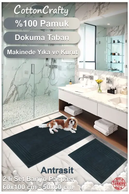 Pamuk Dokuma Banyo Paspas Seti, Banyo Halısı Vera 2 Li Set 60x100 - 60x50 ANTRASİT - antrasit - 3
