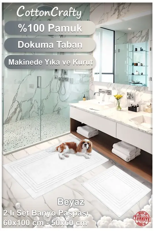 Pamuk Dokuma, Su Emici, Banyo Paspas Seti, Banyo Halısı Vera 2'li Klozet Takım 60x100-60x50 BEYAZ - beyaz - 4