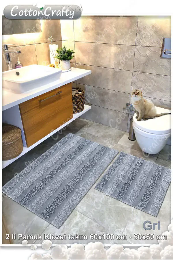 %100 Pamuk Dokuma & Tafting Banyo Paspas Seti, Banyo Halısı ARMONİ 2 Li Set 60x100 - 60x50-gri - 2