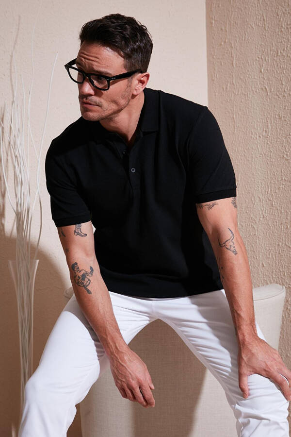 Siyah %100 Pamuk Regular Fit Düğmeli Erkek Polo Yaka Tişört 5902127-Siyah - 14