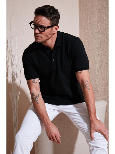 Siyah %100 Pamuk Regular Fit Düğmeli Erkek Polo Yaka Tişört 5902127-Siyah - 10