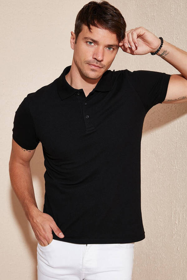 Siyah %100 Pamuk Regular Fit Düğmeli Erkek Polo Yaka Tişört 5902127-Siyah - 16