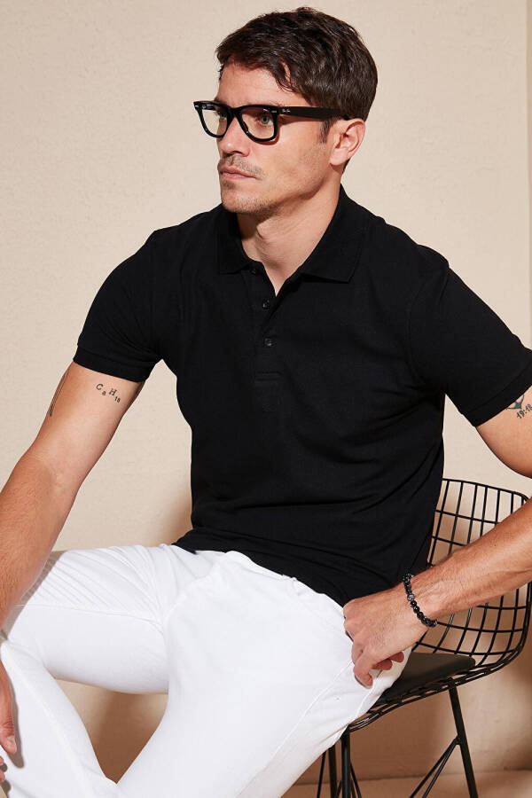 Siyah %100 Pamuk Regular Fit Düğmeli Erkek Polo Yaka Tişört 5902127-Siyah - 19