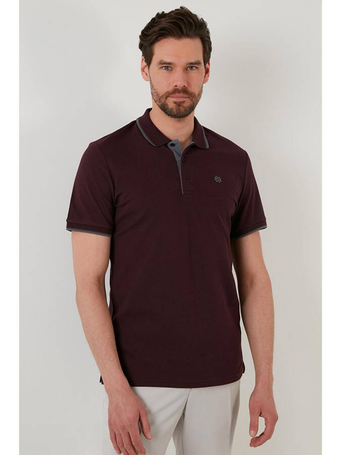 Bordo %100 Pamuk Düğmeli Regular Fit Polo Tişört 5902118-Bordo - 4