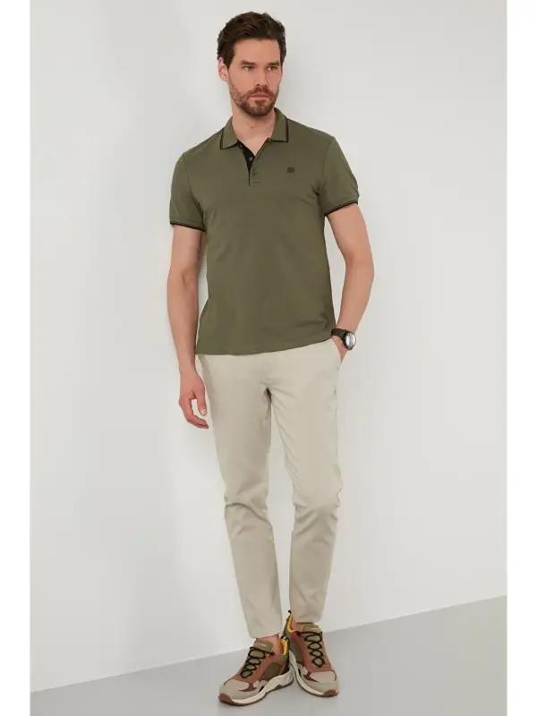 Haki %100 Pamuk Düğmeli Regular Fit Polo Tişört 5902118-Haki - 4