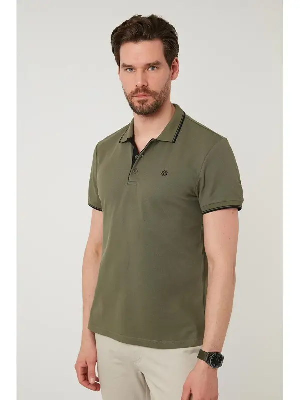 Haki %100 Pamuk Düğmeli Regular Fit Polo Tişört 5902118-Haki - 6