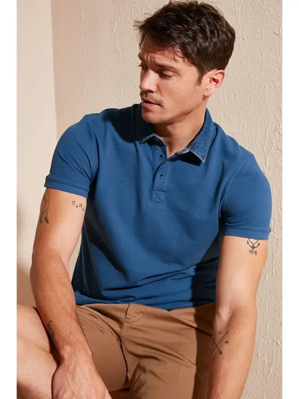İndigo %100 Pamuk Düğmeli Regular Fit Polo Tişört 5902134-İndigo - 1