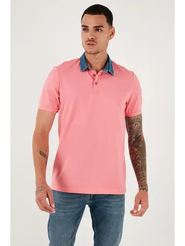 Pembe %100 Pamuk Düğmeli Regular Fit Polo Yaka Tişört Erkek Polo Yaka Tişört 5902134-Pembe - 4