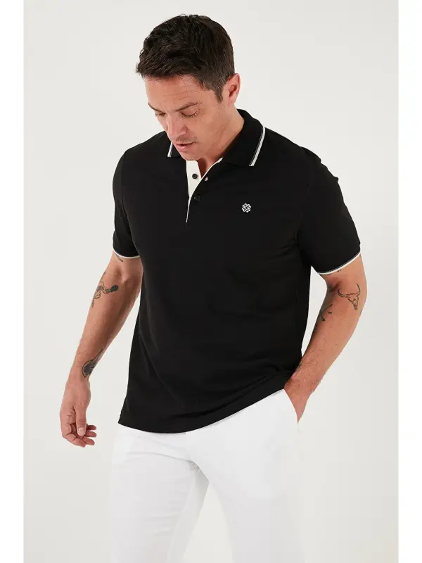 Siyah %100 Pamuk Düğmeli Slim Fit Erkek Polo Yaka Tişört 5902118-Siyah - 6