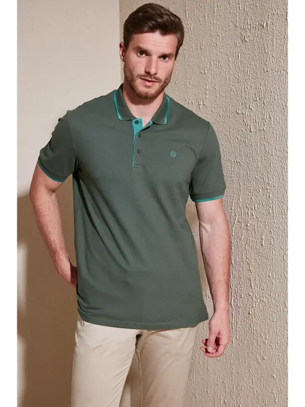 % 100 Pamuk Düğmeli Slim Fit Erkek Polo Yaka Tişört 5902118-Haki - 2