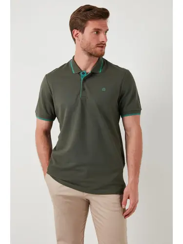 % 100 Pamuk Düğmeli Slim Fit Erkek Polo Yaka Tişört 5902118-Haki - 3